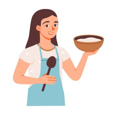 Mutfakta yemek pişiren mutlu bir kadının hoş düz vektör çizimi. Ev yapımı yemek ve mutfak cazibesiyle beslenme temalı konsept