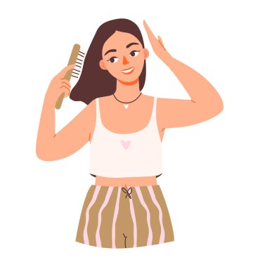 Günlük güzellik rutininin düz vektör çizimi. Bir kadın aynanın önünde saçını tarıyor.