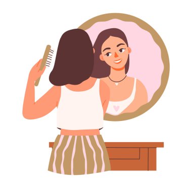 Günlük güzellik rutininin düz vektör çizimi. Bir kadın aynanın önünde saçını tarıyor.