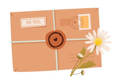 Çiçekli dekoratif zarfın romantik düz vektör çizimi. Çiçek zarfı, yumuşak pastel şekilli buket elementler. Tebrik kartları, davetiyeler veya romantik posta konseptleri.