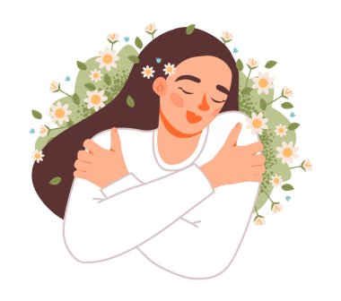 Kendini sevgi ve sükunetle kucaklayan bir kadının düz vektör çizimi. Huzurlu bir sağlık, bencillik ve iç denge manzarası.