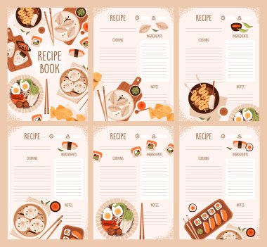 Asyalı yemek organizatörü ya da yemek tarifi kitabı. Geleneksel yemekler, ramen, suşi, onigiri ve Dim Sum 'un yanı sıra yemek takvimi elemanları ve mutfak malzemeleri içeren renkli bir tasarım. Tarif kağıtları. Düz vektör illüstrasyonu