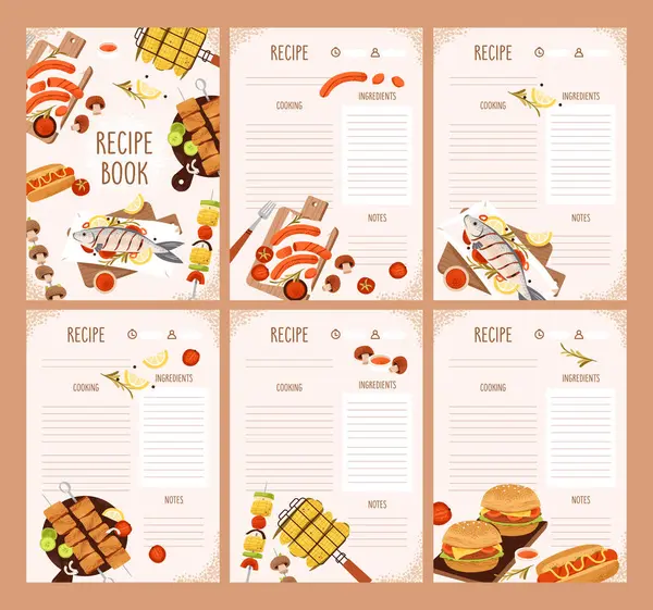 Tarif kağıtları. Mangal tarifi planlayıcısı. Izgara et, sebze ve piknik malzemeleri. Düz vektör çizimi