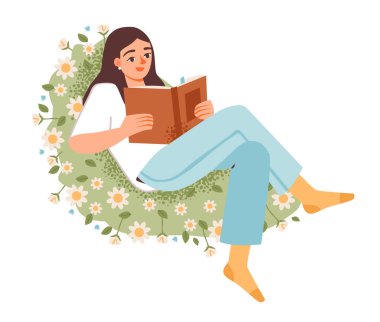 Çiçeklerin arasında dikkatli bir kadın günlük tutuyor. Sakin bir ortamda kitap okuyan bir kadının düz vektör çizimi. Zihinsel sağlık, bencillik ve barışçıl ilhamı vurguluyor.