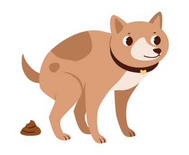 Beyaz arka planda izole edilmiş bir köpeğin komik düz vektör çizimi. Vatandaşlık sorumluluğunu, hayvan temizliğini ve kamu temizliğini vurguluyor