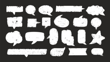 Konuşma ve sohbet balonları, renkli dokular, karalamalar ve karatahta hissi. Metin kutuları, çerçeveler ve mesaj simgeleri. Düz vektör çiziminde Chalky karalamaları ve konuşma baloncukları