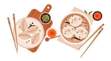 Dim sum ve börek. Asya mutfağı. Geleneksel Çin mantısı ve soya soslu. Bambu sepetindeki dim sum düz vektör çizimi