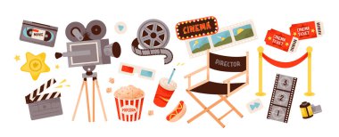 Klasik sinema unsurları, alkış tahtası, projektör, film makaraları ve 3D gözlükler. Sinematik düz vektör çizimi. Nostaljik film