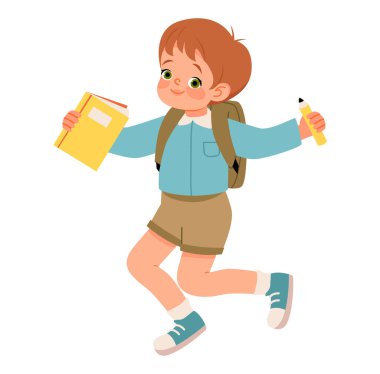 Öğrenci çocuk elinde kitap ve kalemle zıplıyor. Okul konseptine geri dönelim. Düz vektör illüstrasyonu