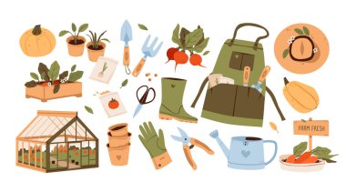 Bahçe aletleri ve sebzeler. Tarım vektörü, sulama kutusu, balkabağı, tohum ve eldiven ile ayarlandı. Çiftlik, hasat ve organik gıda için mükemmel.