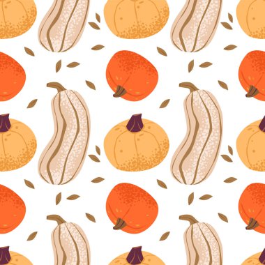 Sonbahar balkabaklarıyla kusursuz bir arkaplan. Kırsal hasat ve doğal tarım vektör tasarımı