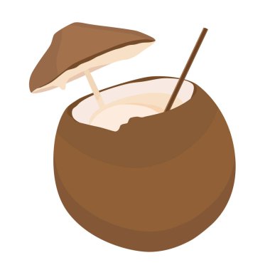 Saman ve şemsiyeli hindistan cevizi kokteyli. Plaj partisi. Arkaplanı olmayan düz illüstrasyon