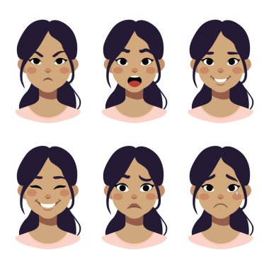 Kızların duyguları - hazır. Sevimli güzel kız gülümsüyor, kızgın, üzgün. Vektör illüstrasyonu