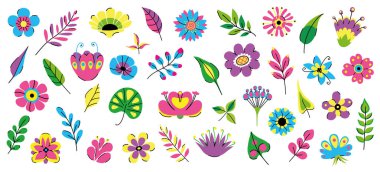 Canlı botanik karalamaları koleksiyonu, düz, funky tarzı. 40 objeden oluşan bir set çiçek ve yapraklar dizayn için