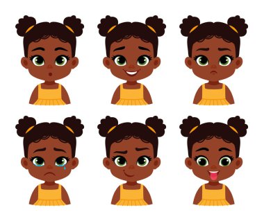 Bebek-kızın duyguları - hazır. Şirin, siyah tenli, gülümseyen, kızgın, üzgün bir kız. Vektör illüstrasyonu
