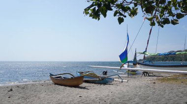 Gün boyunca denize bakan ve üzerinde yapraklar olan iki geleneksel tekne Situbondo 'nun Pasir Putih plajı bölgesinde sahile yerleştirildi.