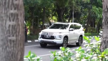 Endonezya 'da gün boyunca ağaç gövdeleri arasında görülen otoyollardan geçen araçlar (arabalar ve motorsikletler)