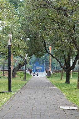 Şehrin ortasında, gölgeli ağaçlarla dolu bir parkta sakin bir patika.