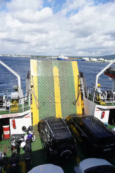 Stock image Vehicles parked inside a ferry that is moving in the middle of the sea