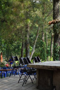 Gölgeli bir günde arka planda ağaçlar olan bir kafede düzgün düzenlenmiş siyah sandalyeli uzun tahta bir masa.