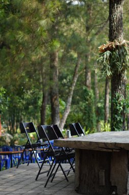 Gölgeli bir günde arka planda ağaçlar olan bir kafede düzgün düzenlenmiş siyah sandalyeli uzun tahta bir masa.