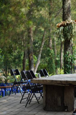 Gölgeli bir günde arka planda ağaçlar olan bir kafede düzgün düzenlenmiş siyah sandalyeli uzun tahta bir masa.
