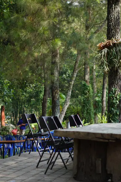 Gölgeli bir günde arka planda ağaçlar olan bir kafede düzgün düzenlenmiş siyah sandalyeli uzun tahta bir masa.