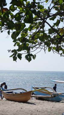  Gün boyunca denize bakan ve üzerinde yapraklar olan iki geleneksel tekne Situbondo 'nun Pasir Putih plajı bölgesinde sahile yerleştirildi.