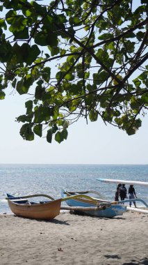  Gün boyunca denize bakan ve üzerinde yapraklar olan iki geleneksel tekne Situbondo 'nun Pasir Putih plajı bölgesinde sahile yerleştirildi.