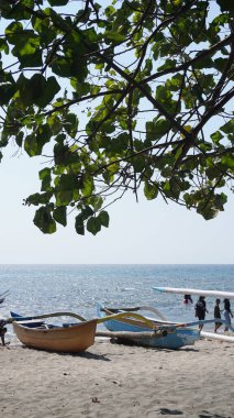  Gün boyunca denize bakan ve üzerinde yapraklar olan iki geleneksel tekne Situbondo 'nun Pasir Putih plajı bölgesinde sahile yerleştirildi.