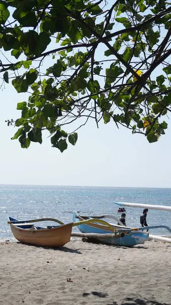 stock image  Two traditional boats placed on the beach facing the sea during the day with leaves on it at the Pasir Putih beach area of Situbondo