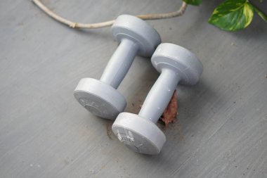 Gri bir zemine iki adet 1 kg gri dambıl yerleştirilmiş.