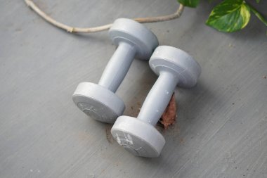 Gri bir zemine iki adet 1 kg gri dambıl yerleştirilmiş.