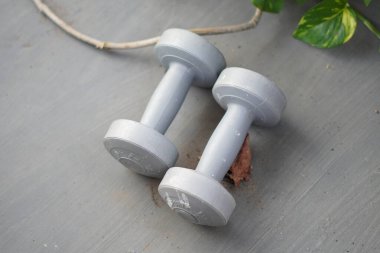 Gri bir zemine iki adet 1 kg gri dambıl yerleştirilmiş.