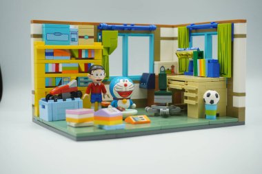 Nobita's colorful bedroom bricks toy with bookshelf, study table, and Doraemon clipart