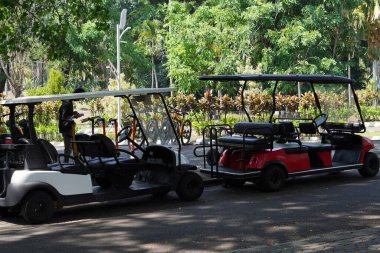 Eğlence parkındaki golf arabaları ziyaretçiler için.