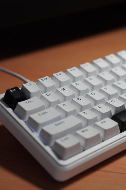 Siyah ve beyaz kablolu mekanik klavye (monokrom temalı) ve siyah kaçış anahtarı