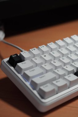 Siyah ve beyaz kablolu mekanik klavye (monokrom temalı) ve siyah kaçış anahtarı