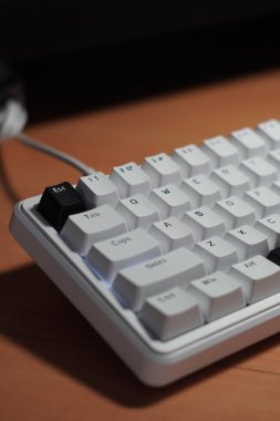 Siyah ve beyaz kablolu mekanik klavye (monokrom temalı) ve siyah kaçış anahtarı