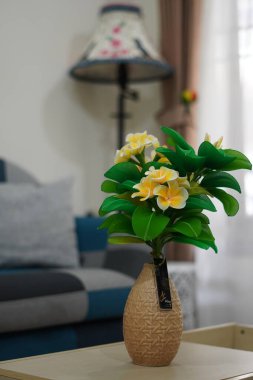 Oda dekorasyonu için eşsiz yuvarlak bir tencerede suni beyaz frangipani çiçekleri.