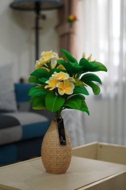 Oda dekorasyonu için eşsiz yuvarlak bir tencerede suni beyaz frangipani çiçekleri.