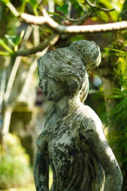 Yeşil bitkilerle oyulmuş taştan yapılmış bir kadın heykeli..