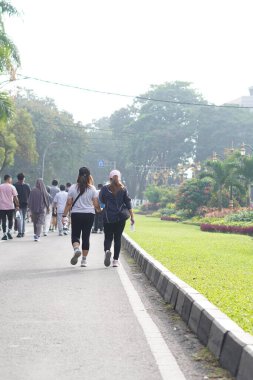 Bir grup insan sabah araba kullanmadan ana yolda yürüyor.