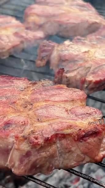 Salt Falling Grilled Steak Metal Grate Open Fire High Quality — Stock Video