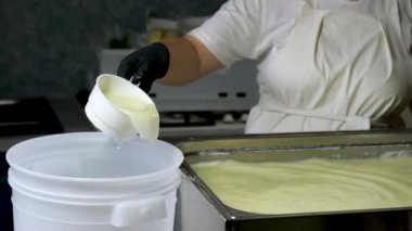 Peynir fabrikası yoğurt, kabak peyniri, mozzarella ve diğer peynir çeşitlerini hazırlıyor. Yüksek kalite 4k görüntü