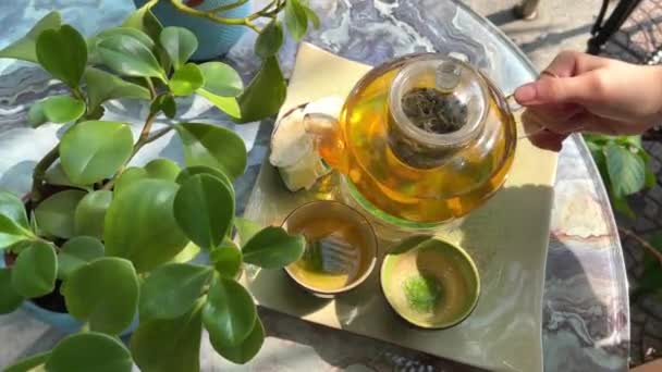 Tea Set Glass Teapot Cups Brew Slow Motion Tea Composition — Wideo stockowe