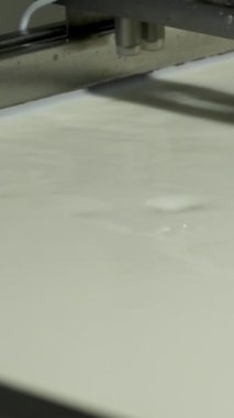 Aşçı metal karıştırıcıyı sütle doldurur. Süt fabrikası. Süt ve günlüğün kâsede karışımı. Ekşi krema ve peynir hazırlıyorum. Restoran için süzme peynir yapıyorum. Krem üretim süreci. 