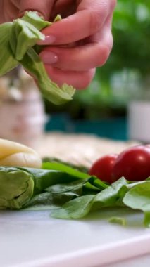 Kadın eli örülmüş peyniri ıspanakla tutuyor. Yapısı sağlıklı süt ürünleri markette peynir tadımı yapıyor. Yüksek kalite 4k görüntü