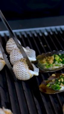 Yeşil soğanlı kabuklar peynirli ızgara deniz tarağı. Yüksek kaliteli FullHD görüntüler