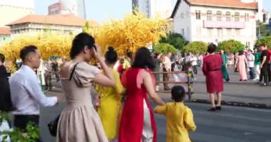 Vietnam 'da yeni yıl kutlaması. Ejderhaların güzel ulusal kıyafetlerle dolaştığı yeni yıl. Aileler, Vietnam' da tatil günü boyunca yürür.